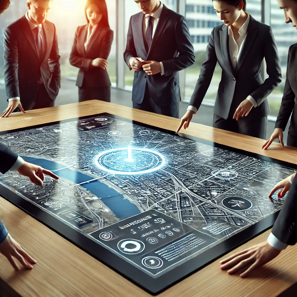 Guests interacting with the Touch Table at a corporate event, exploring digital content

