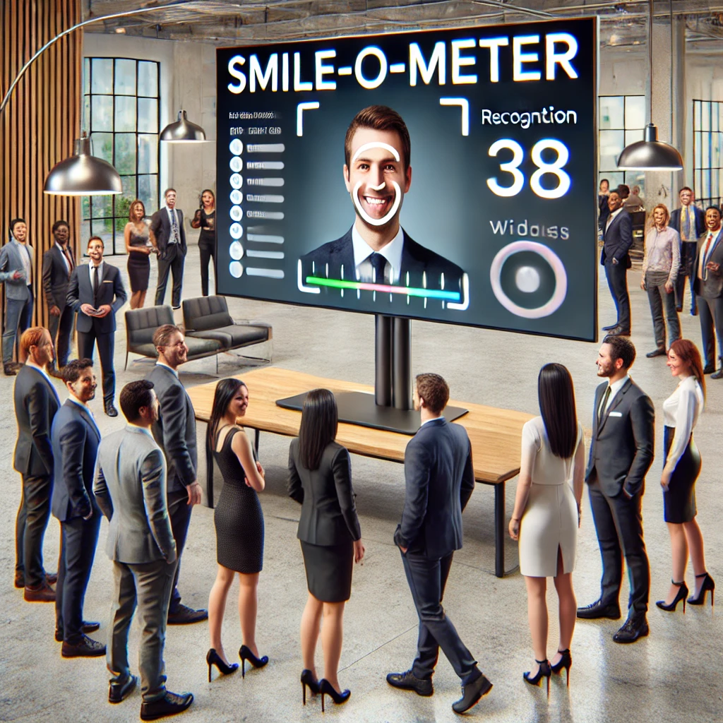 Guests engaging with the Smile-o-Meter at a corporate event, measuring their smiles and enjoying the experience