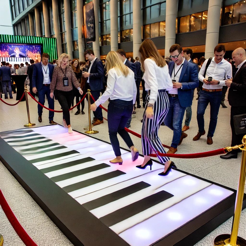 Corporate event attendees enjoying the Piano Floor Walk, creating music as they step on the life-sized piano keys