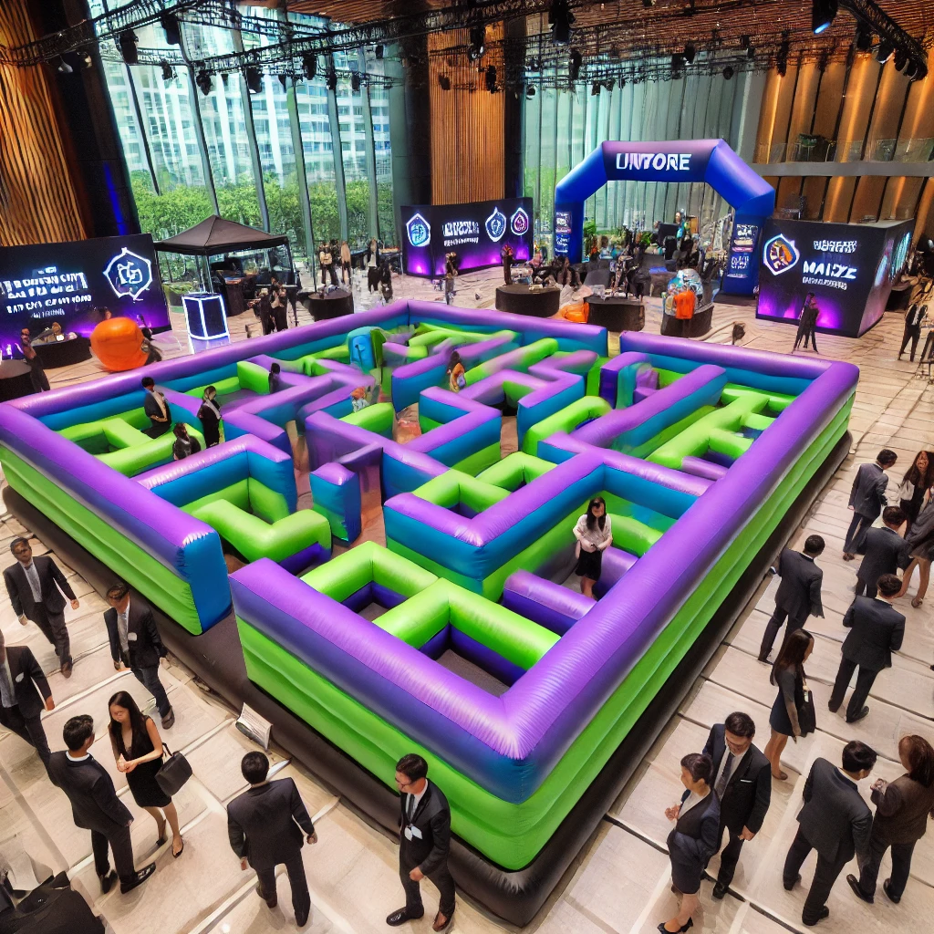 A large inflatable maze with vibrant green and purple walls, set up indoors at a corporate event. Participants, dressed in business attire, navigate through the maze, while other attendees walk around the outside. The event space features modern architecture with high ceilings and large windows, adding to the sophisticated atmosphere