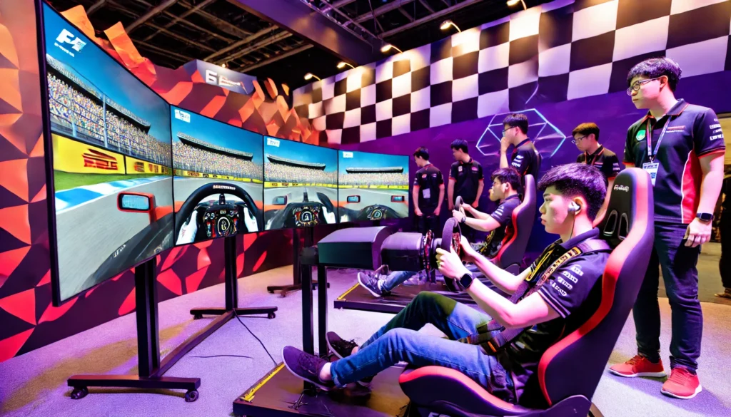 Participants racing in the F1 Racing Simulator for Corporate Events, experiencing realistic Formula 1 driving conditions and high-speed excitement at a corporate event