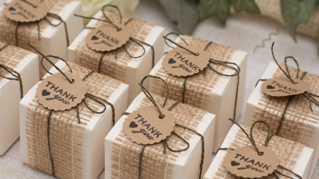 wedding gift wrapped in rustic paper